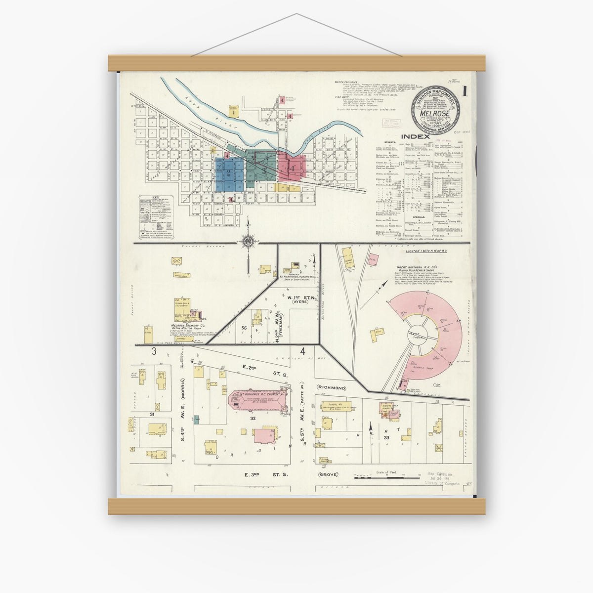 Old map wall art mockup — magnetic wood frame on white wall — Sanborn Fire Insurance Map from Melrose, Stearns County, Minnesota (1909) - Complete Map Set