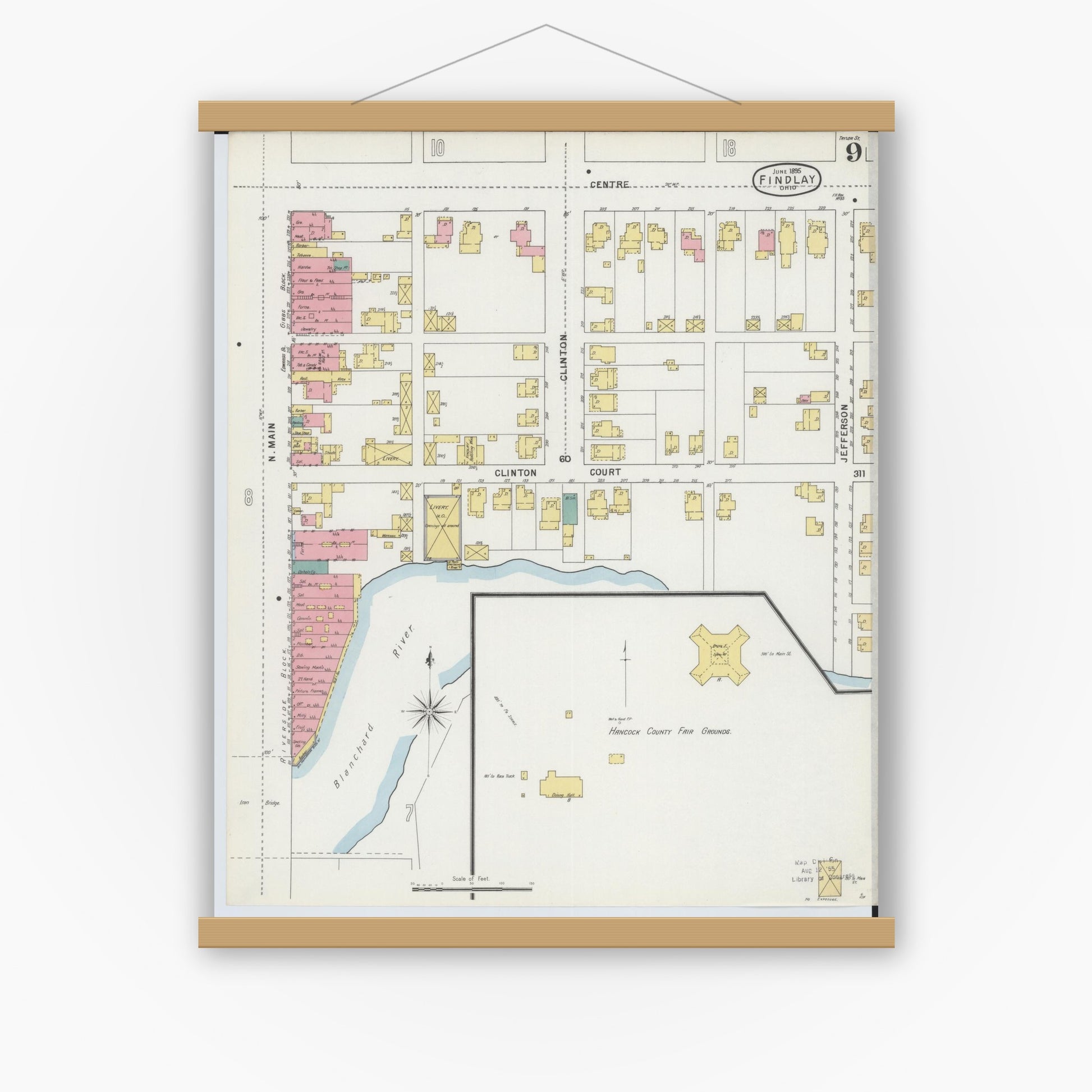 Old map wall art mockup — magnetic wood frame on white wall — Sanborn Fire Insurance Map from Findlay, Hancock County, Ohio (1895), Sheet #0009