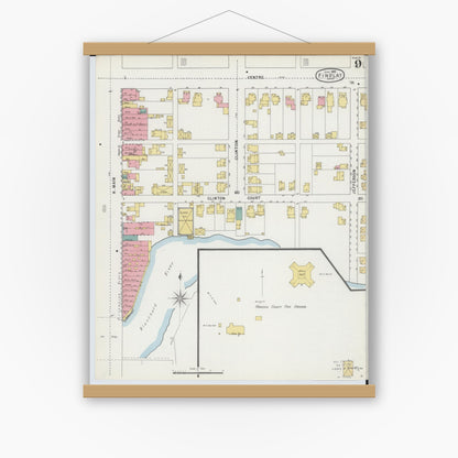 Old map wall art mockup — magnetic wood frame on white wall — Sanborn Fire Insurance Map from Findlay, Hancock County, Ohio (1895), Sheet #0009