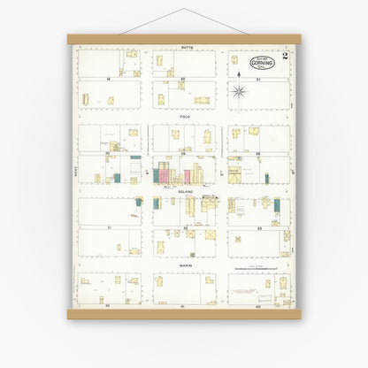 Old map wall art mockup — magnetic wood frame on white wall — Sanborn Fire Insurance Map from Corning, Tehama County, California (1897), Sheet #0002