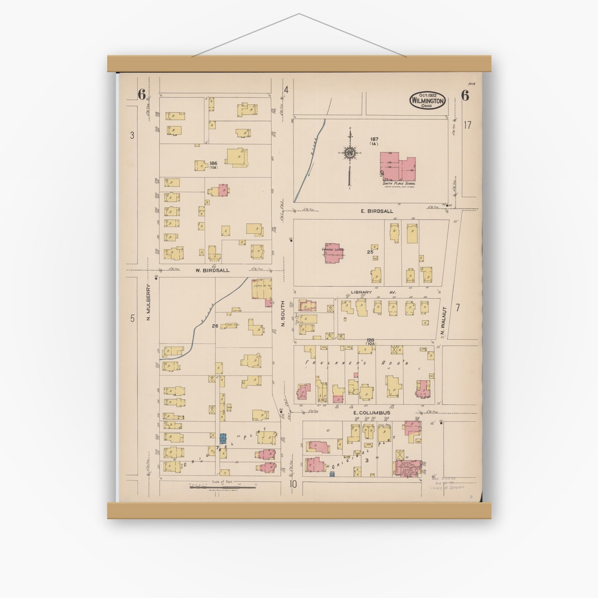 Old map wall art mockup — magnetic wood frame on white wall — Sanborn Fire Insurance Map from Wilmington, Clinton County, Ohio (1922), Sheet #0006