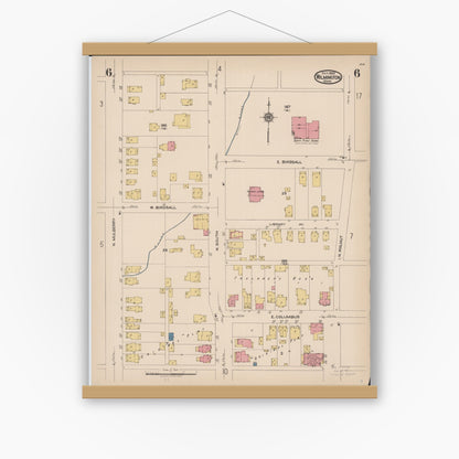Old map wall art mockup — magnetic wood frame on white wall — Sanborn Fire Insurance Map from Wilmington, Clinton County, Ohio (1922), Sheet #0006