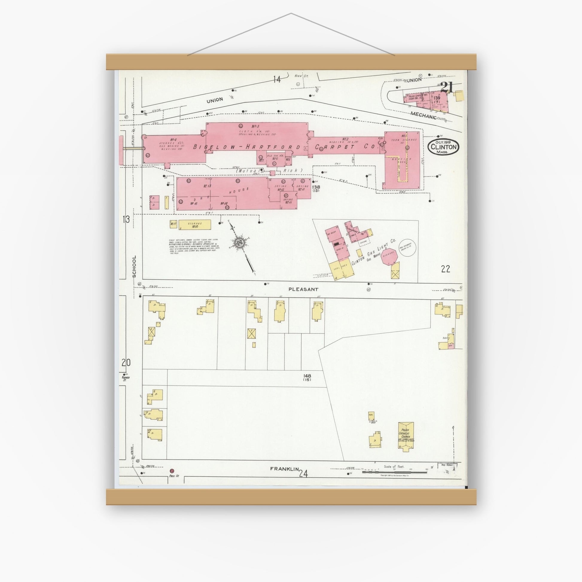 Old map wall art mockup — magnetic wood frame on white wall — Sanborn Fire Insurance Map from Clinton, Worcester County, Massachusetts (1919), Sheet #0021