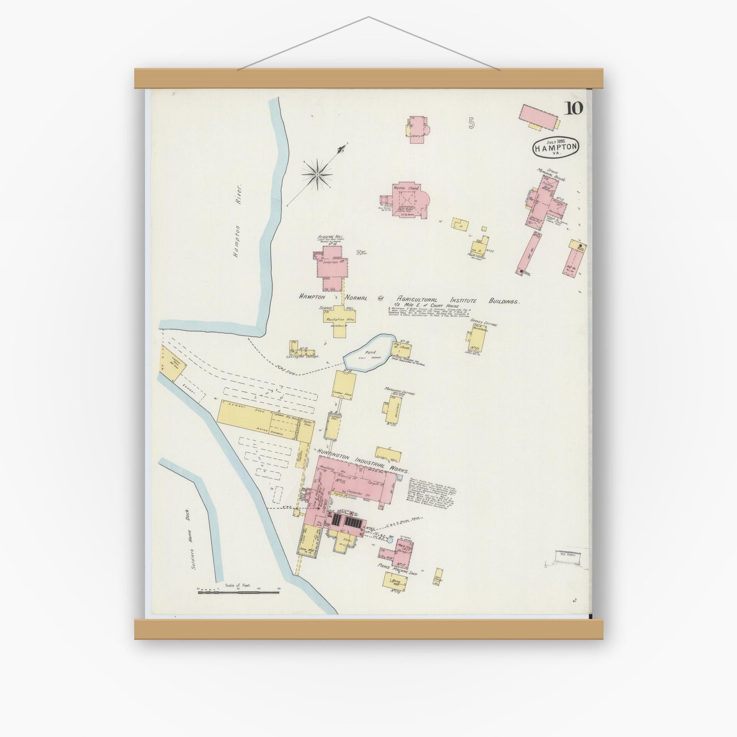 Old map wall art mockup — magnetic wood frame on white wall — Sanborn Fire Insurance Map from Hampton, Independent Cities, Virginia (1895), Sheet #0010