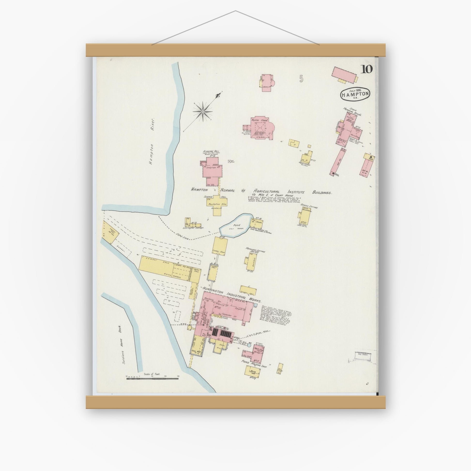Old map wall art mockup — magnetic wood frame on white wall — Sanborn Fire Insurance Map from Hampton, Independent Cities, Virginia (1895), Sheet #0010