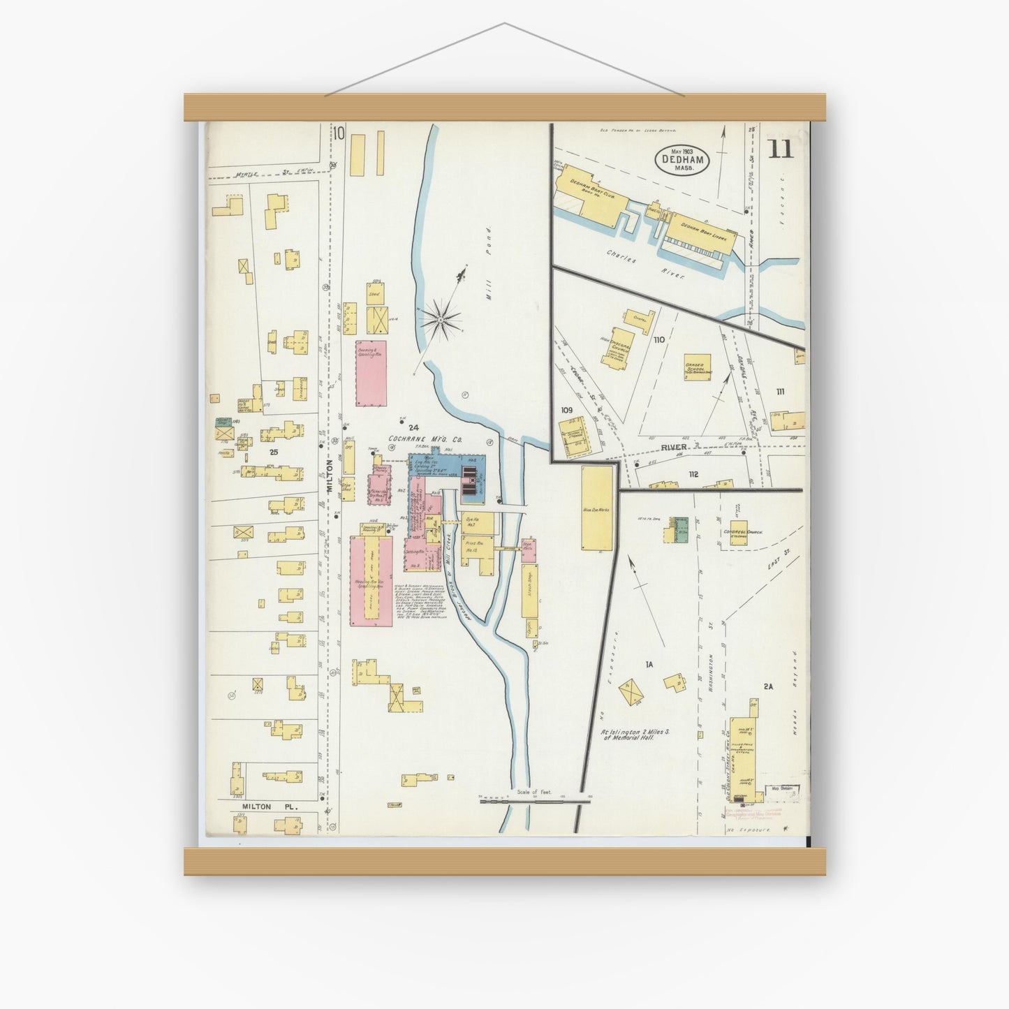 Old map wall art mockup — magnetic wood frame on white wall — Sanborn Fire Insurance Map from Dedham, Norfolk County, Massachusetts (1903), Sheet #0011