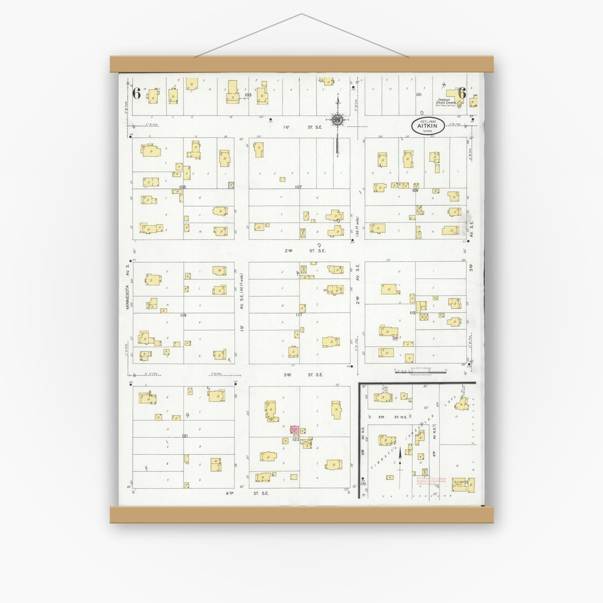 Old map wall art mockup — magnetic wood frame on white wall — Sanborn Fire Insurance Map from Aitkin, Aitkin County, Minnesota (1929), Sheet #0006