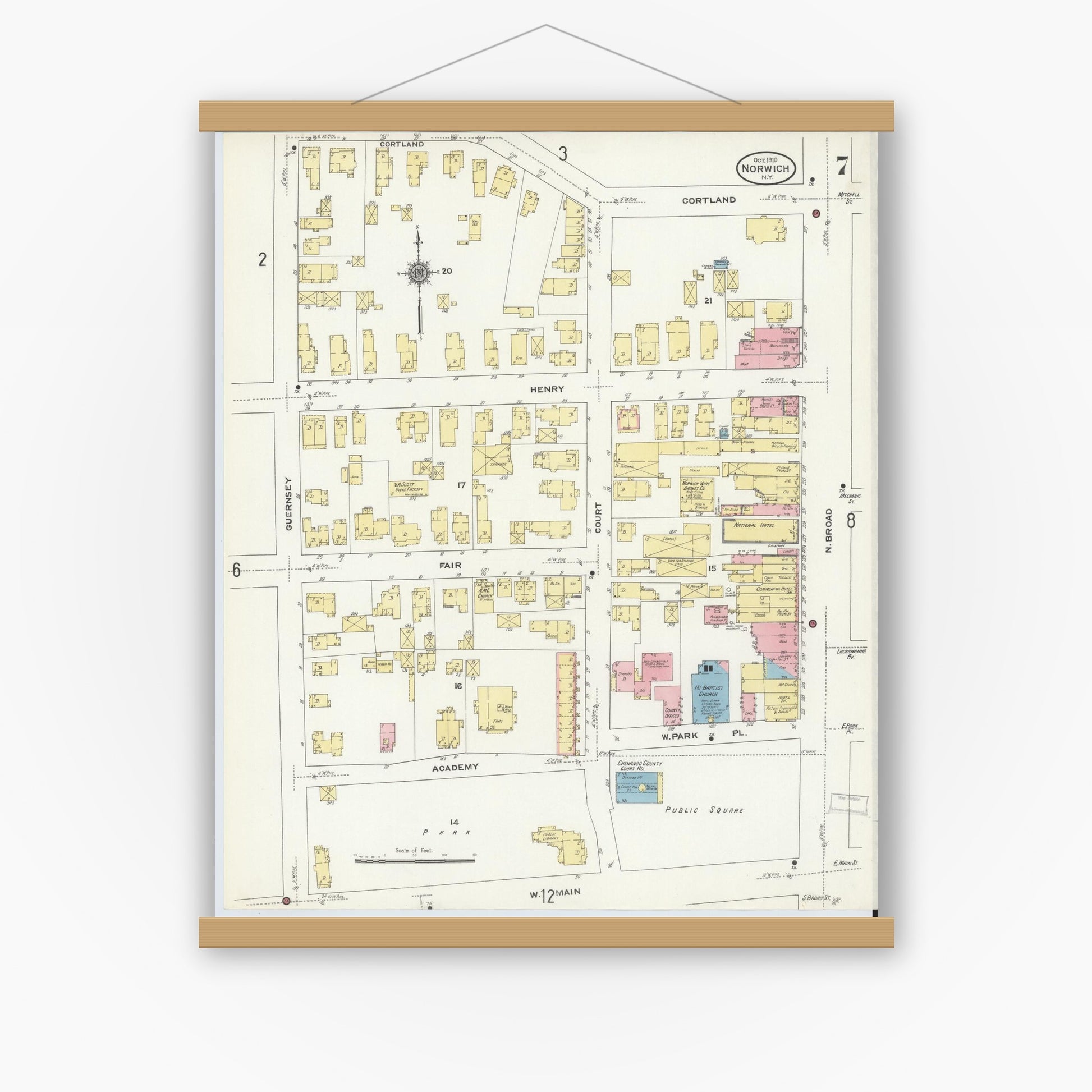 Old map wall art mockup — magnetic wood frame on white wall — Sanborn Fire Insurance Map from Norwich, Chenango County, New York (1910), Sheet #0007