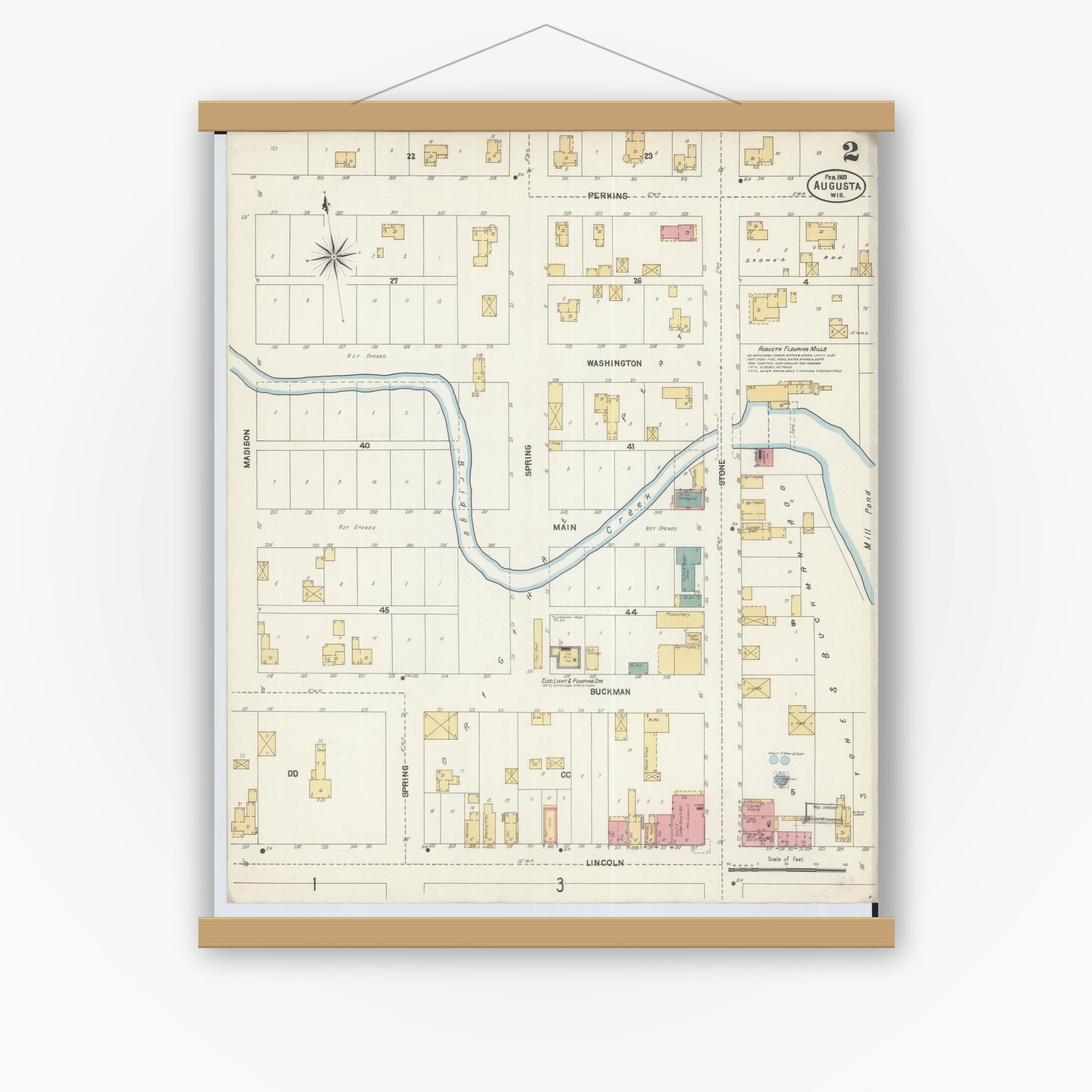 Old map wall art mockup — magnetic wood frame on white wall — Sanborn Fire Insurance Map from Augusta, Eau Claire County, Wisconsin (1903), Sheet #0002
