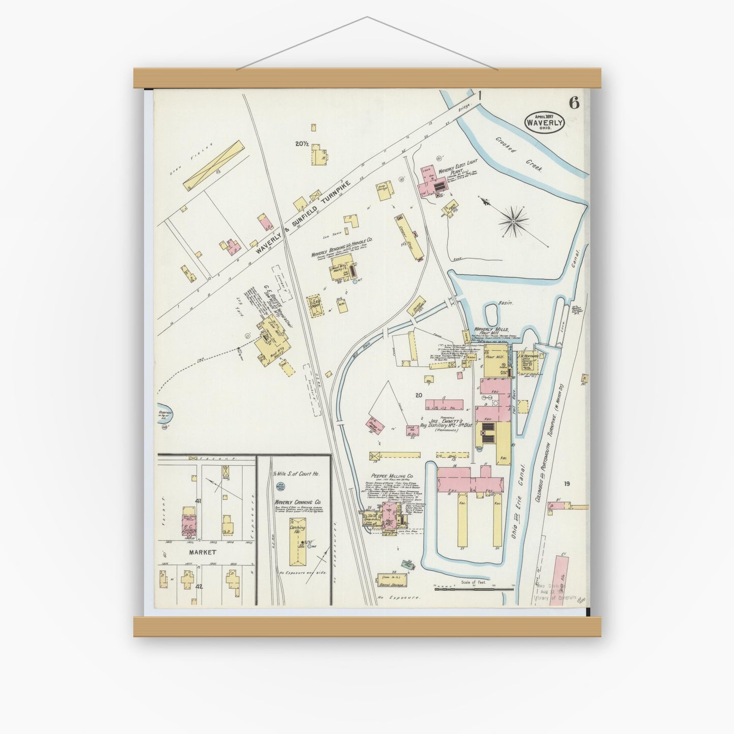 Old map wall art mockup — magnetic wood frame on white wall — Sanborn Fire Insurance Map from Waverly, Pike County, Ohio (1897), Sheet #0006