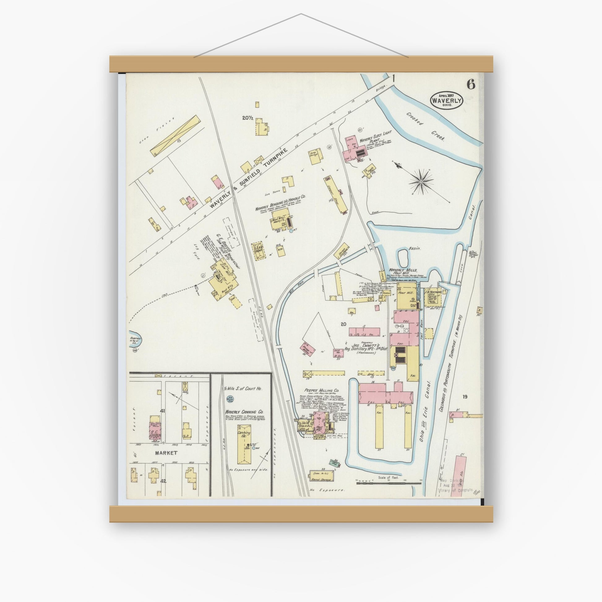 Old map wall art mockup — magnetic wood frame on white wall — Sanborn Fire Insurance Map from Waverly, Pike County, Ohio (1897), Sheet #0006