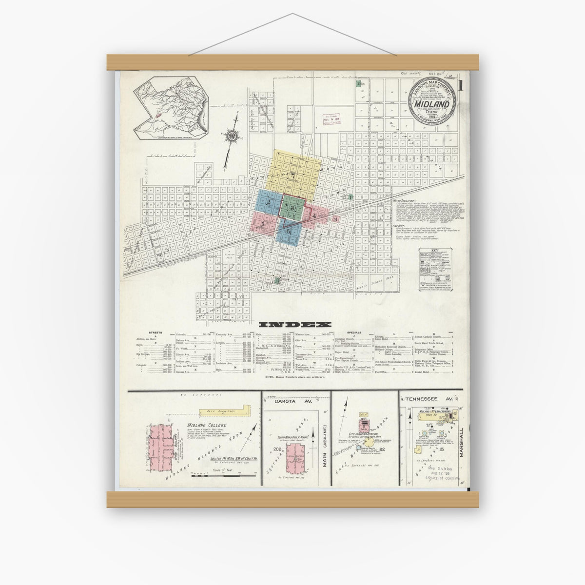 Old map wall art mockup — magnetic wood frame on white wall — Sanborn Fire Insurance Map from Midland, Midland County, Texas (1914) - Complete Map Set