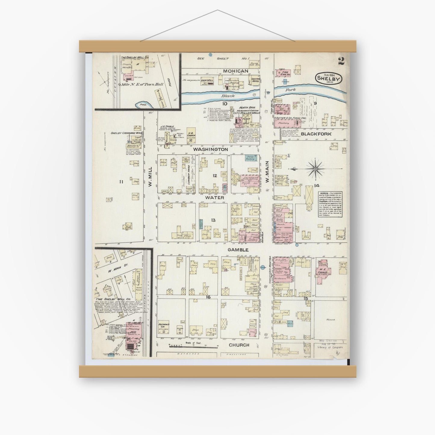 Old map wall art mockup — magnetic wood frame on white wall — Sanborn Fire Insurance Map from Shelby, Ricland County, Ohio (1884), Sheet #0002