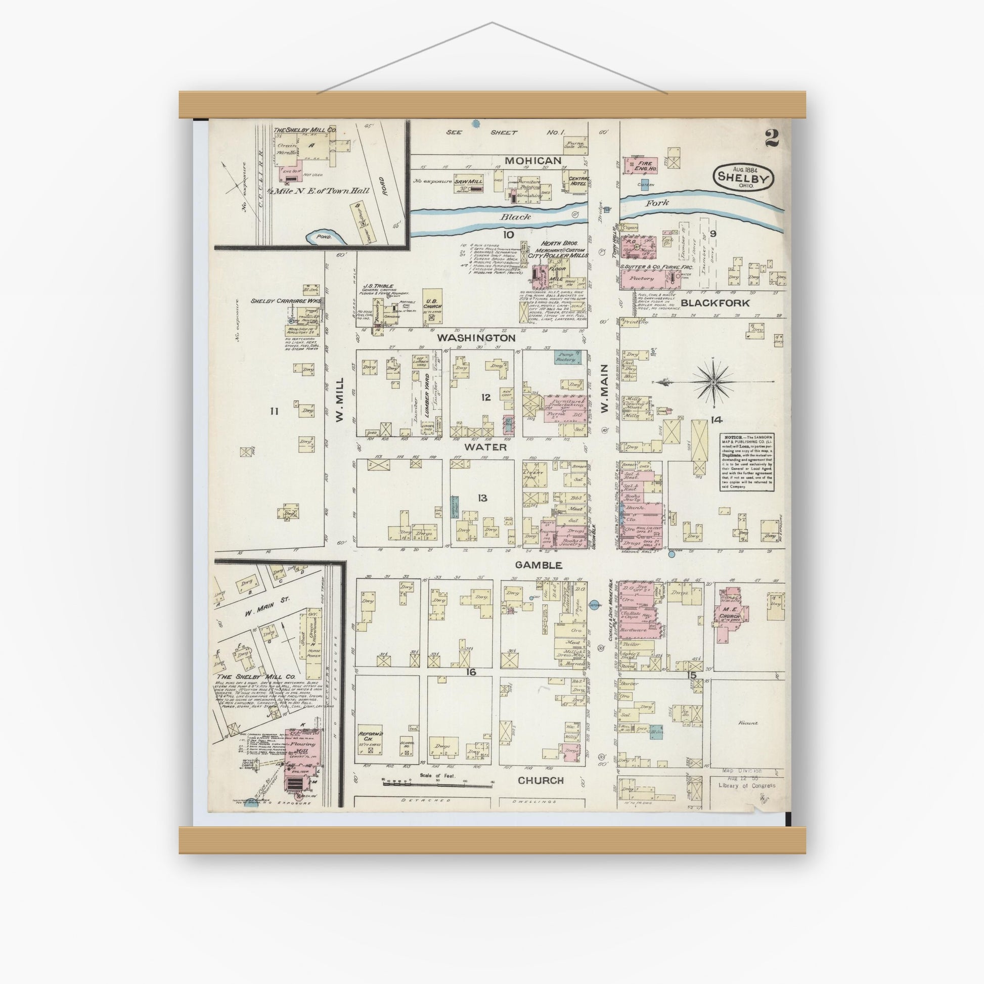 Old map wall art mockup — magnetic wood frame on white wall — Sanborn Fire Insurance Map from Shelby, Ricland County, Ohio (1884), Sheet #0002