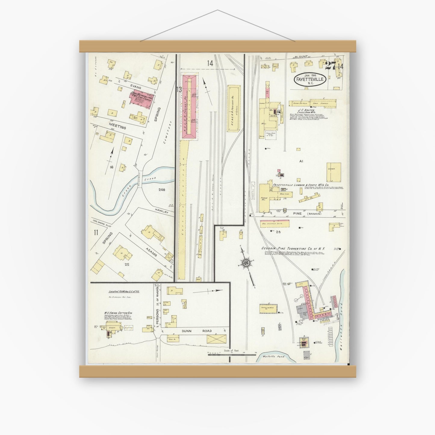 Old map wall art mockup — magnetic wood frame on white wall — Sanborn Fire Insurance Map from Fayetteville, Cumberland County, North Carolina (1914), Sheet #0027