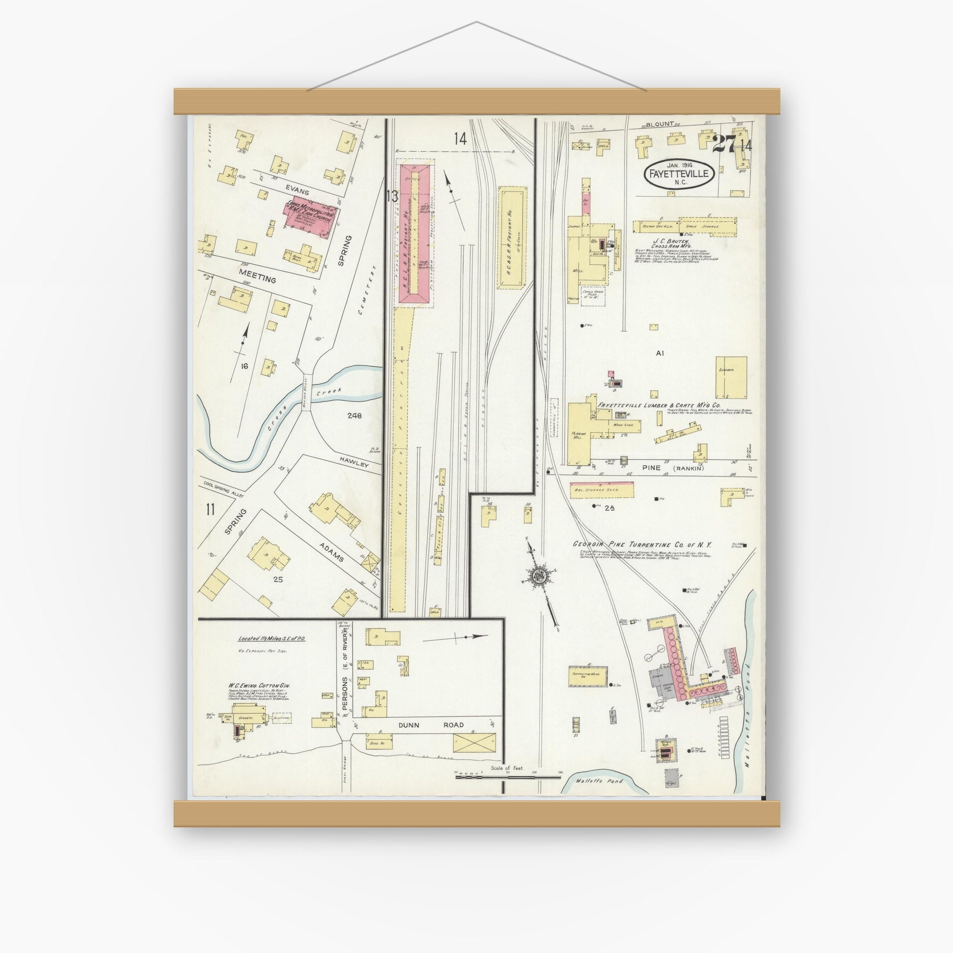 Old map wall art mockup — magnetic wood frame on white wall — Sanborn Fire Insurance Map from Fayetteville, Cumberland County, North Carolina (1914), Sheet #0027