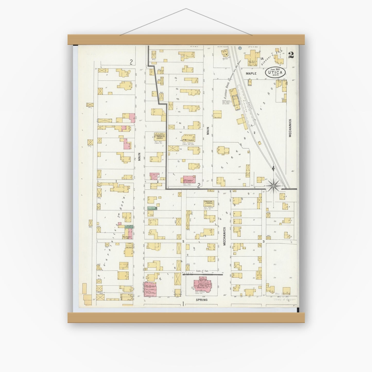 Old map wall art mockup — magnetic wood frame on white wall — Sanborn Fire Insurance Map from Utica, Licking County, Ohio (1900), Sheet #0002