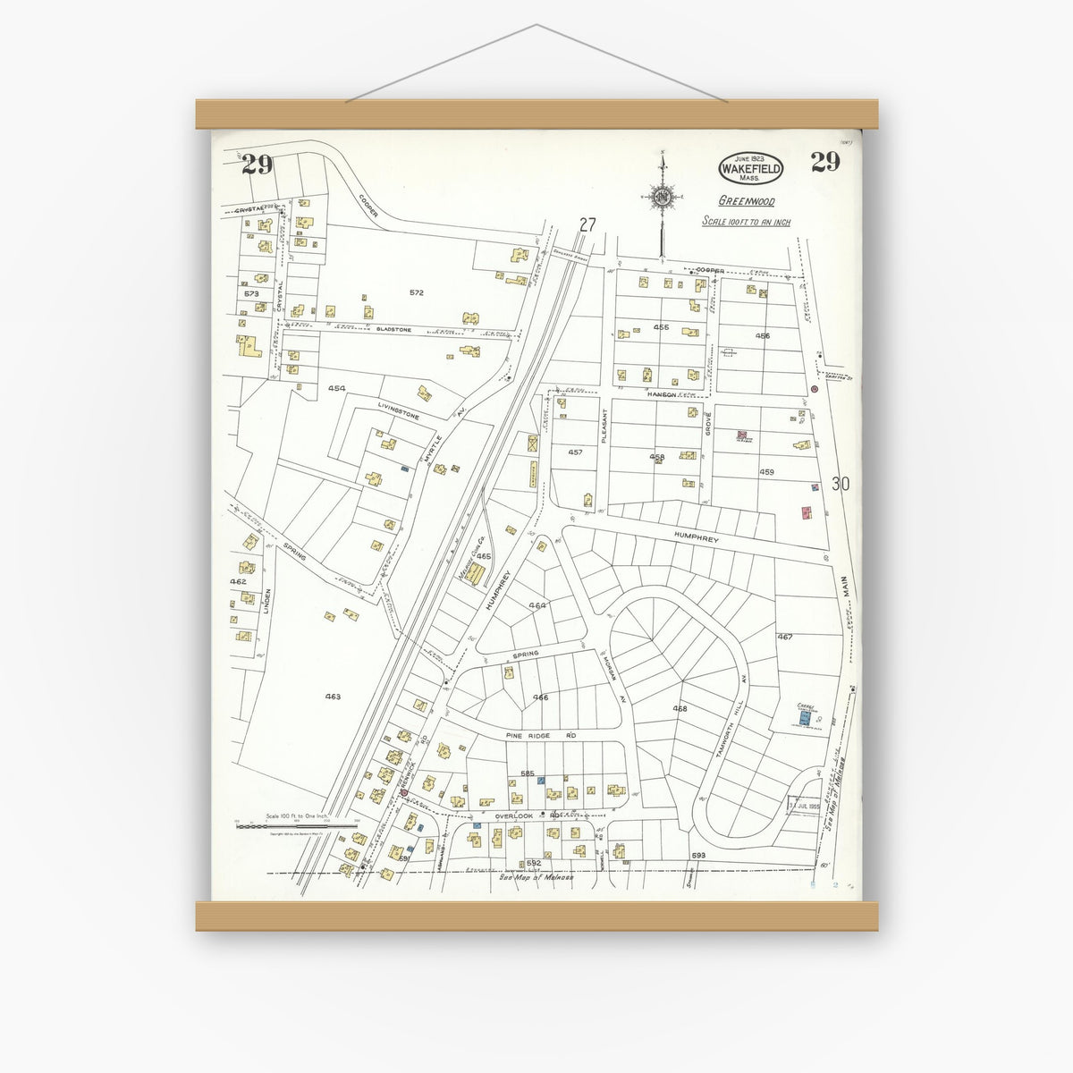Old map wall art mockup — magnetic wood frame on white wall — Sanborn Fire Insurance Map from Wakefield, Middlesex County, Massachusetts (1923), Sheet #0029