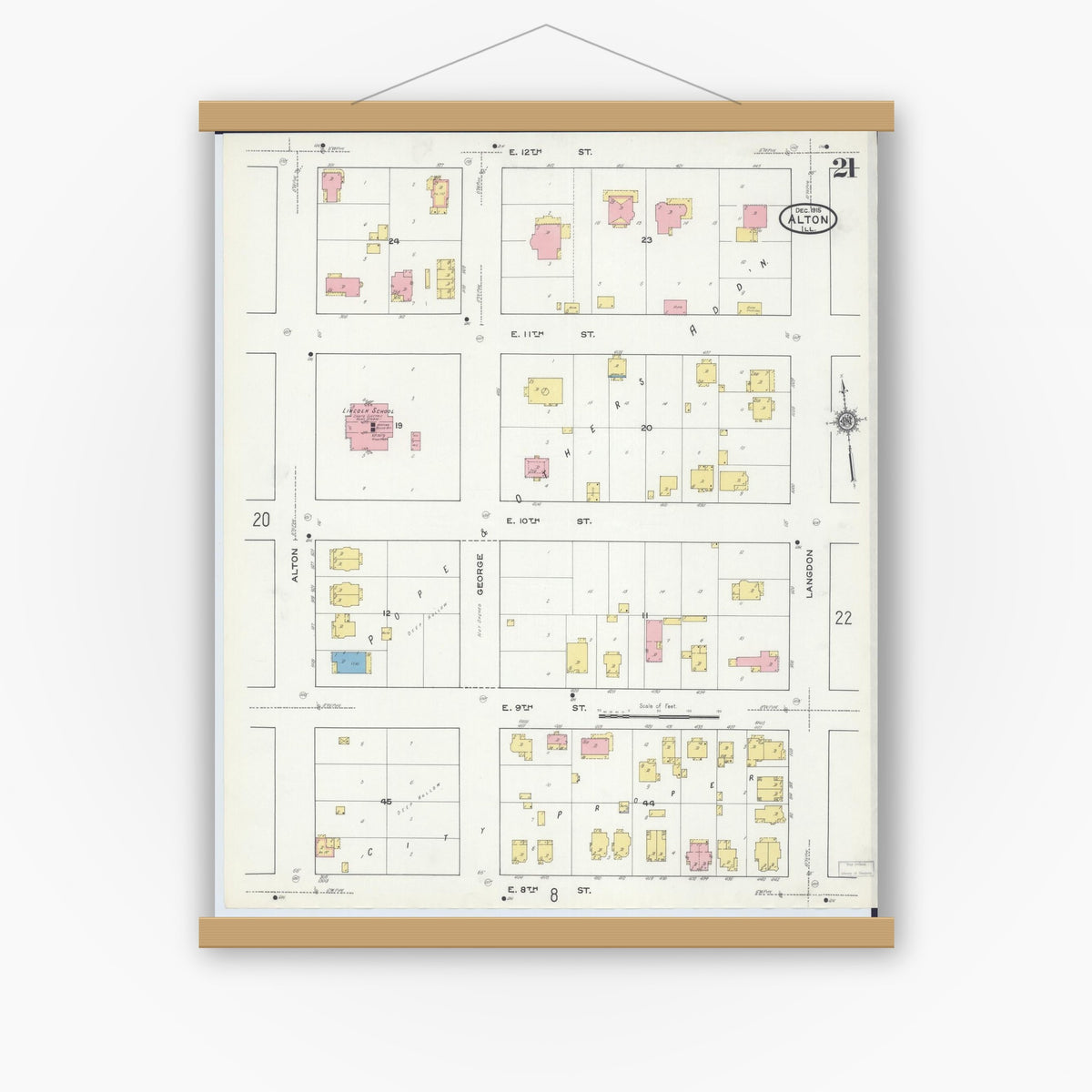 Old map wall art mockup — magnetic wood frame on white wall — Sanborn Fire Insurance Map from Alton, Madison County, Illinois (1915), Sheet #0021