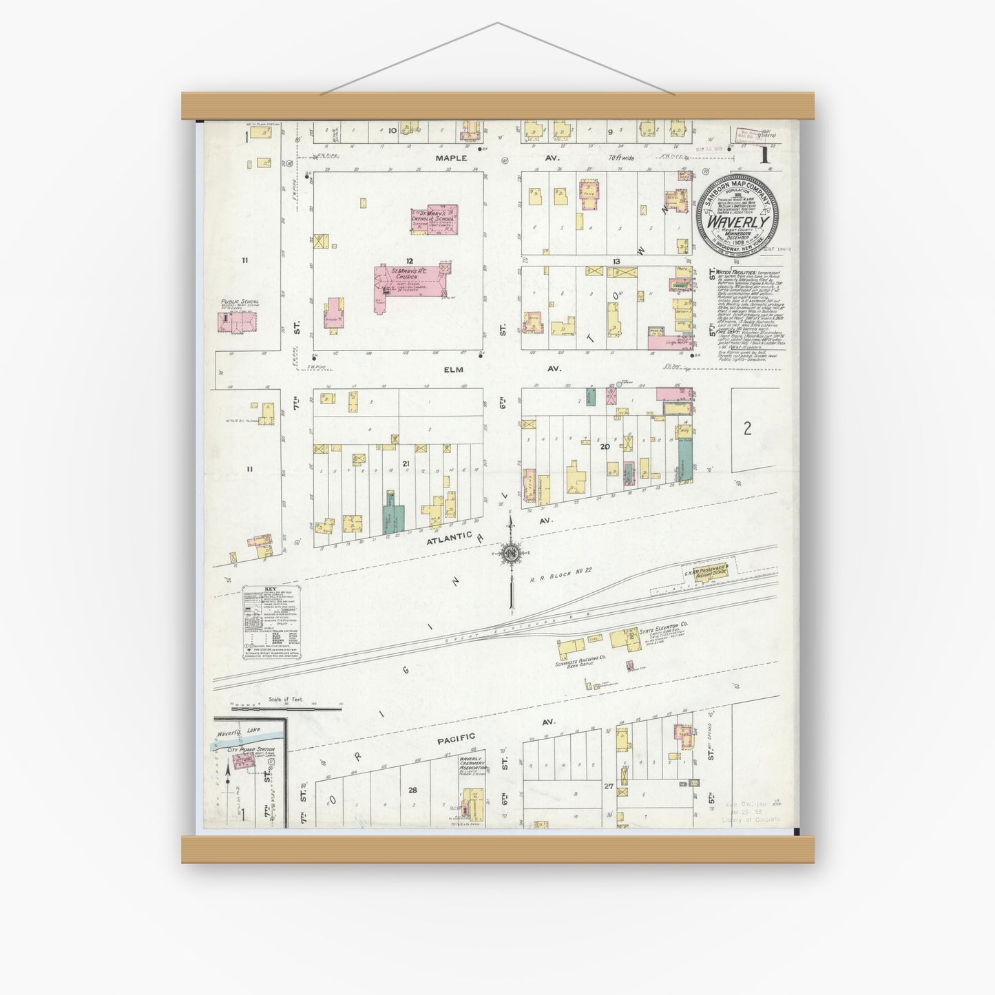 Old map wall art mockup — magnetic wood frame on white wall — Sanborn Fire Insurance Map from Waverly, Wright County, Minnesota (1909) - Complete Map Set