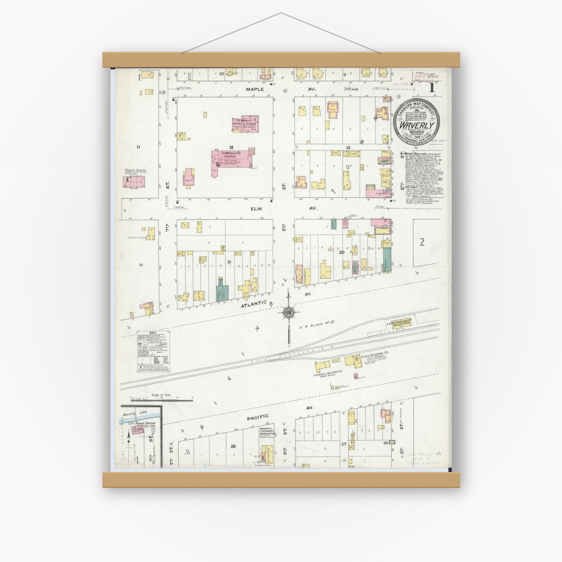 Old map wall art mockup — magnetic wood frame on white wall — Sanborn Fire Insurance Map from Waverly, Wright County, Minnesota (1909) - Complete Map Set
