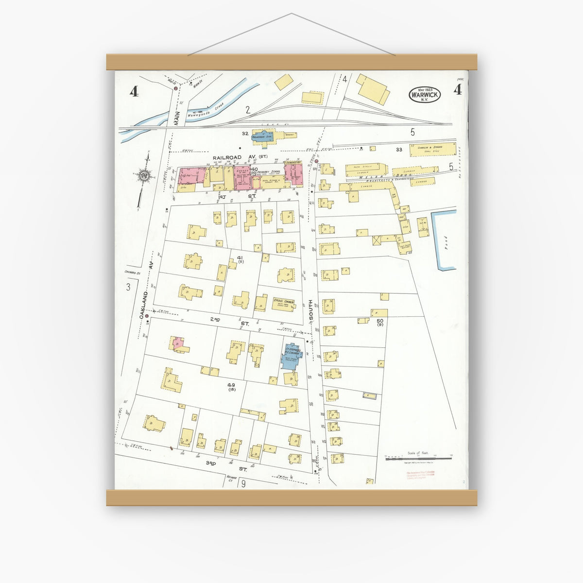 Old map wall art mockup — magnetic wood frame on white wall — Sanborn Fire Insurance Map from Warwick, Orange County, New York (1923), Sheet #0004