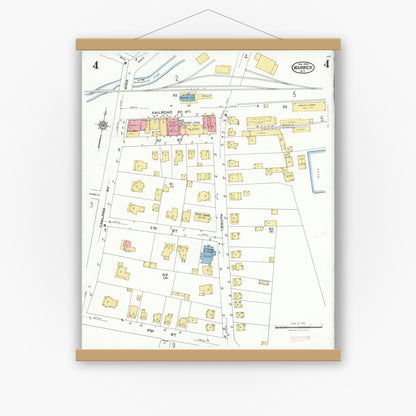Old map wall art mockup — magnetic wood frame on white wall — Sanborn Fire Insurance Map from Warwick, Orange County, New York (1923), Sheet #0004