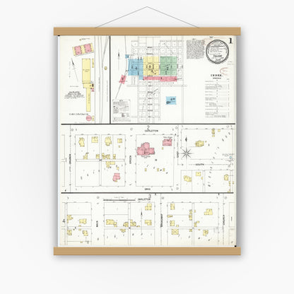 Old map wall art mockup — magnetic wood frame on white wall — Sanborn Fire Insurance Map from Toledo, Tama County, Iowa (1899) â€” Complete Set