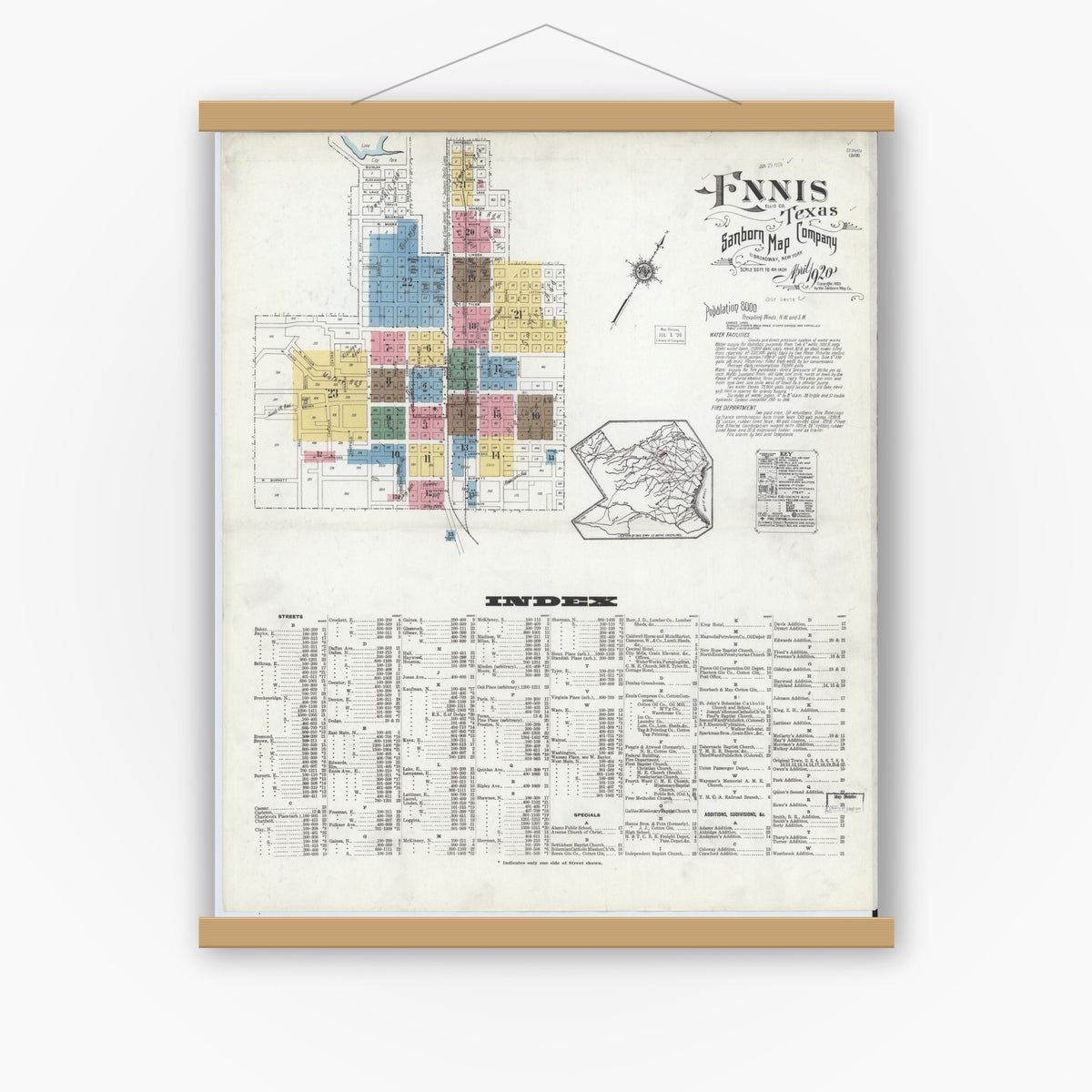Old map wall art mockup — magnetic wood frame on white wall — Sanborn Fire Insurance Map from Ennis, Ellis County, Texas (1920), Sheet #0001