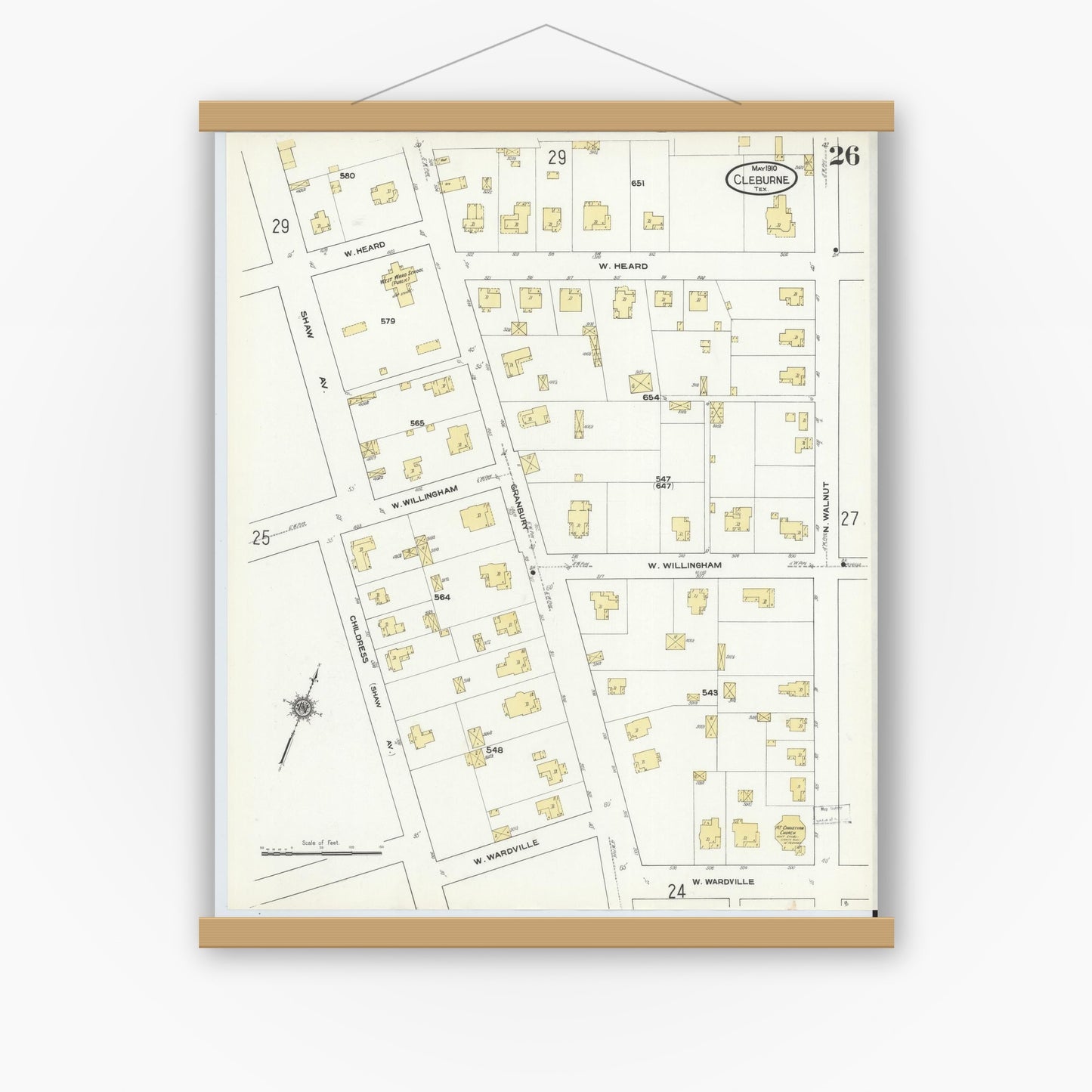 Old map wall art mockup — magnetic wood frame on white wall — Sanborn Fire Insurance Map from Cleburne, Johnson County, Texas (1910), Sheet #0026