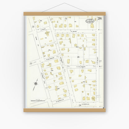 Old map wall art mockup — magnetic wood frame on white wall — Sanborn Fire Insurance Map from Cleburne, Johnson County, Texas (1910), Sheet #0026