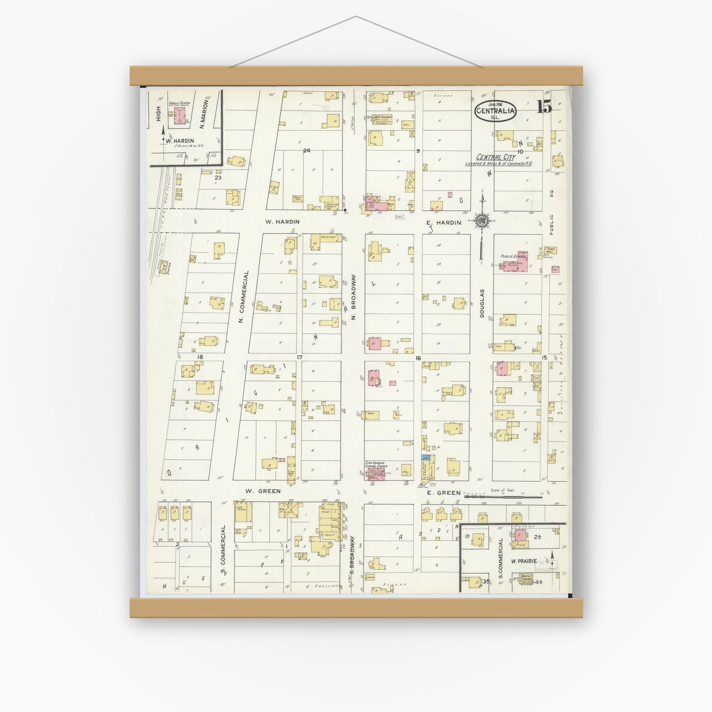 Old map wall art mockup — magnetic wood frame on white wall — Sanborn Fire Insurance Map from Centralia, Marion, Clinton, Jefferson, and Washington Counties, Illinois (1916), Sheet #0015