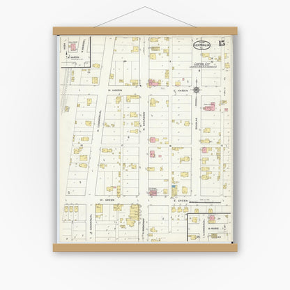 Old map wall art mockup — magnetic wood frame on white wall — Sanborn Fire Insurance Map from Centralia, Marion, Clinton, Jefferson, and Washington Counties, Illinois (1916), Sheet #0015