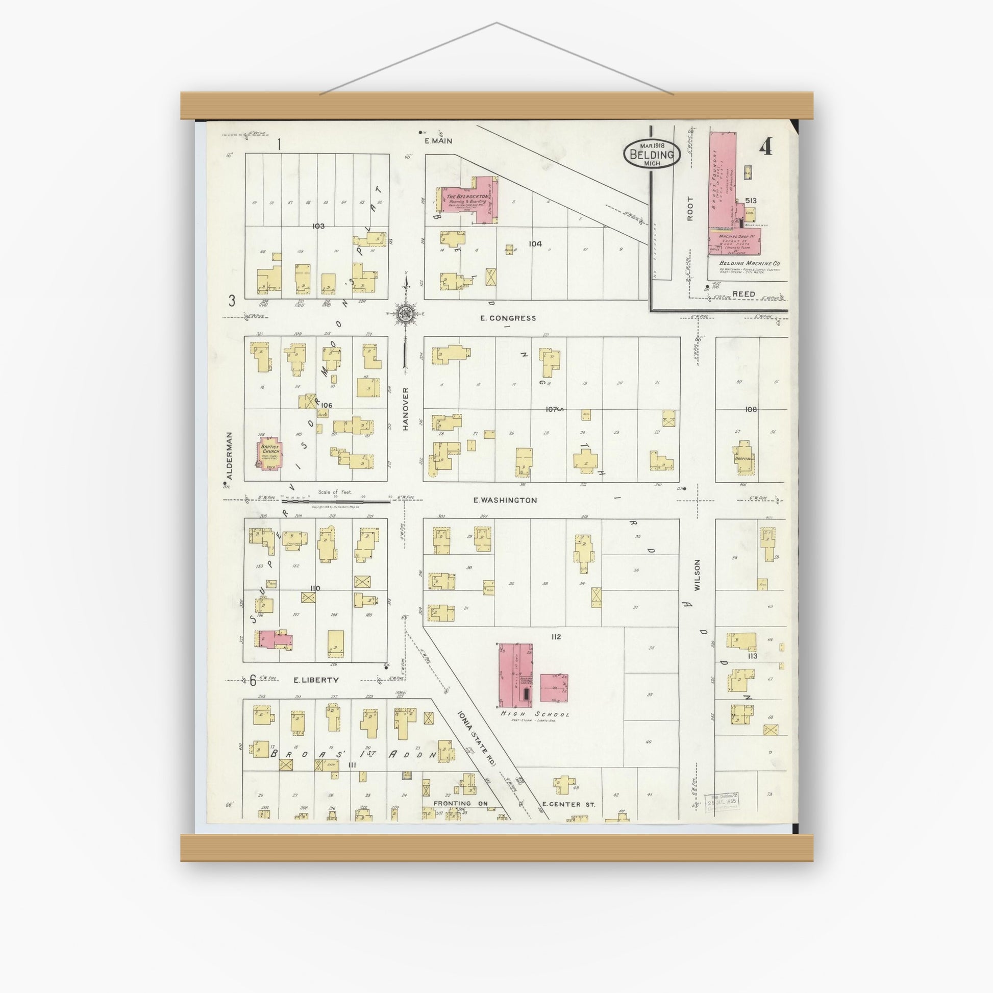 Old map wall art mockup — magnetic wood frame on white wall — Sanborn Fire Insurance Map from Belding, Ionia County, Michigan (1918), Sheet #0004