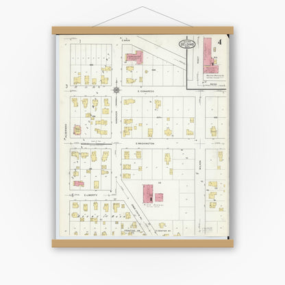 Old map wall art mockup — magnetic wood frame on white wall — Sanborn Fire Insurance Map from Belding, Ionia County, Michigan (1918), Sheet #0004