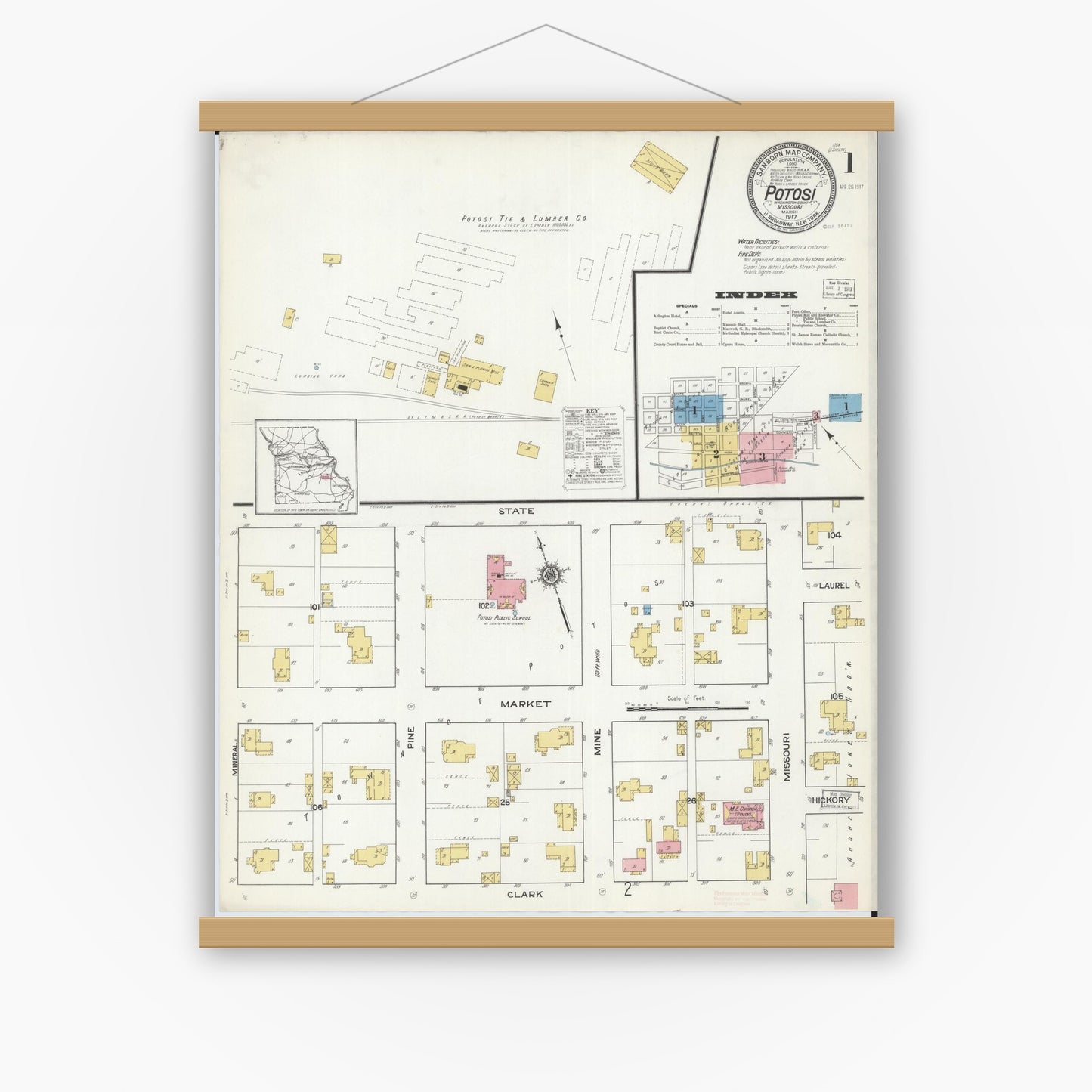 Old map wall art mockup — magnetic wood frame on white wall — Sanborn Fire Insurance Map from Potosi, Washington County, Missouri (1917), Sheet #0001