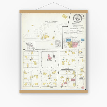 Old map wall art mockup — magnetic wood frame on white wall — Sanborn Fire Insurance Map from Potosi, Washington County, Missouri (1917), Sheet #0001