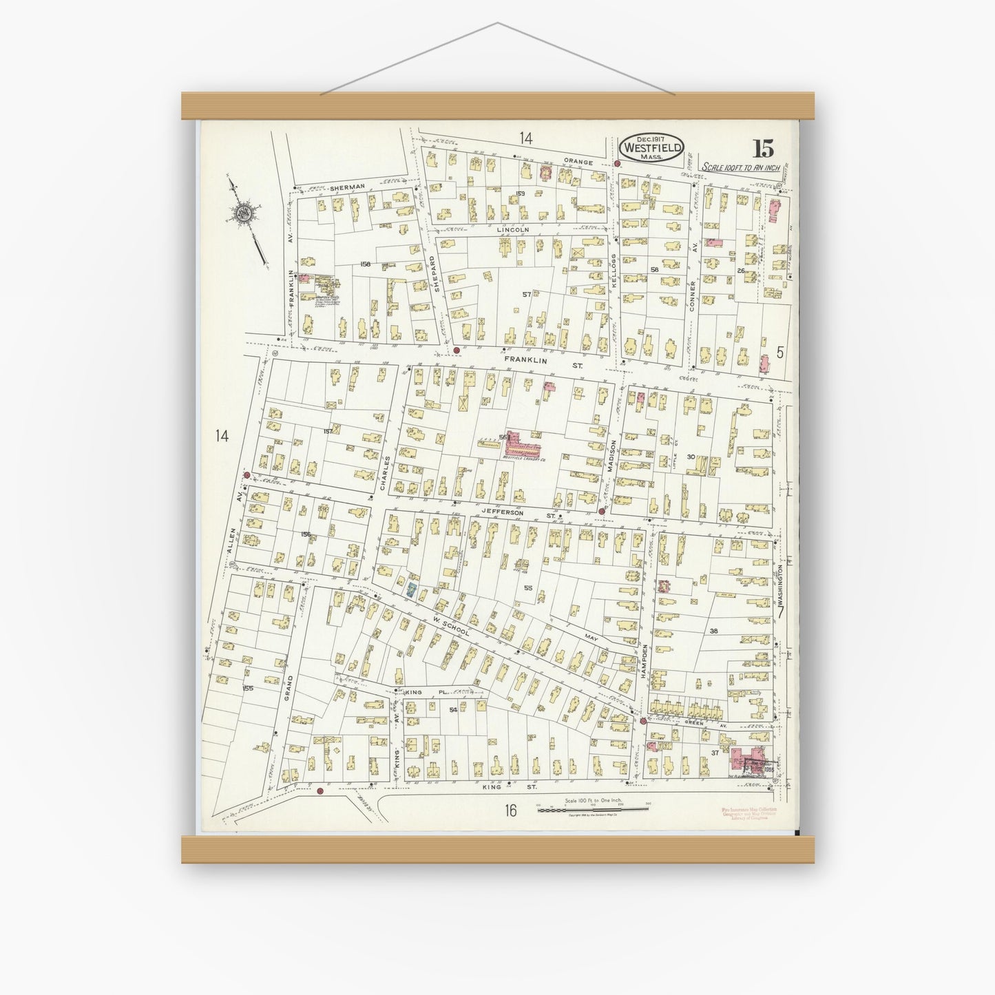 Old map wall art mockup — magnetic wood frame on white wall — Sanborn Fire Insurance Map from Westfield, Hampden County, Massachusetts (1917), Sheet #0015