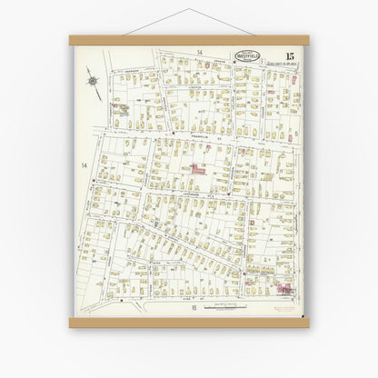 Old map wall art mockup — magnetic wood frame on white wall — Sanborn Fire Insurance Map from Westfield, Hampden County, Massachusetts (1917), Sheet #0015