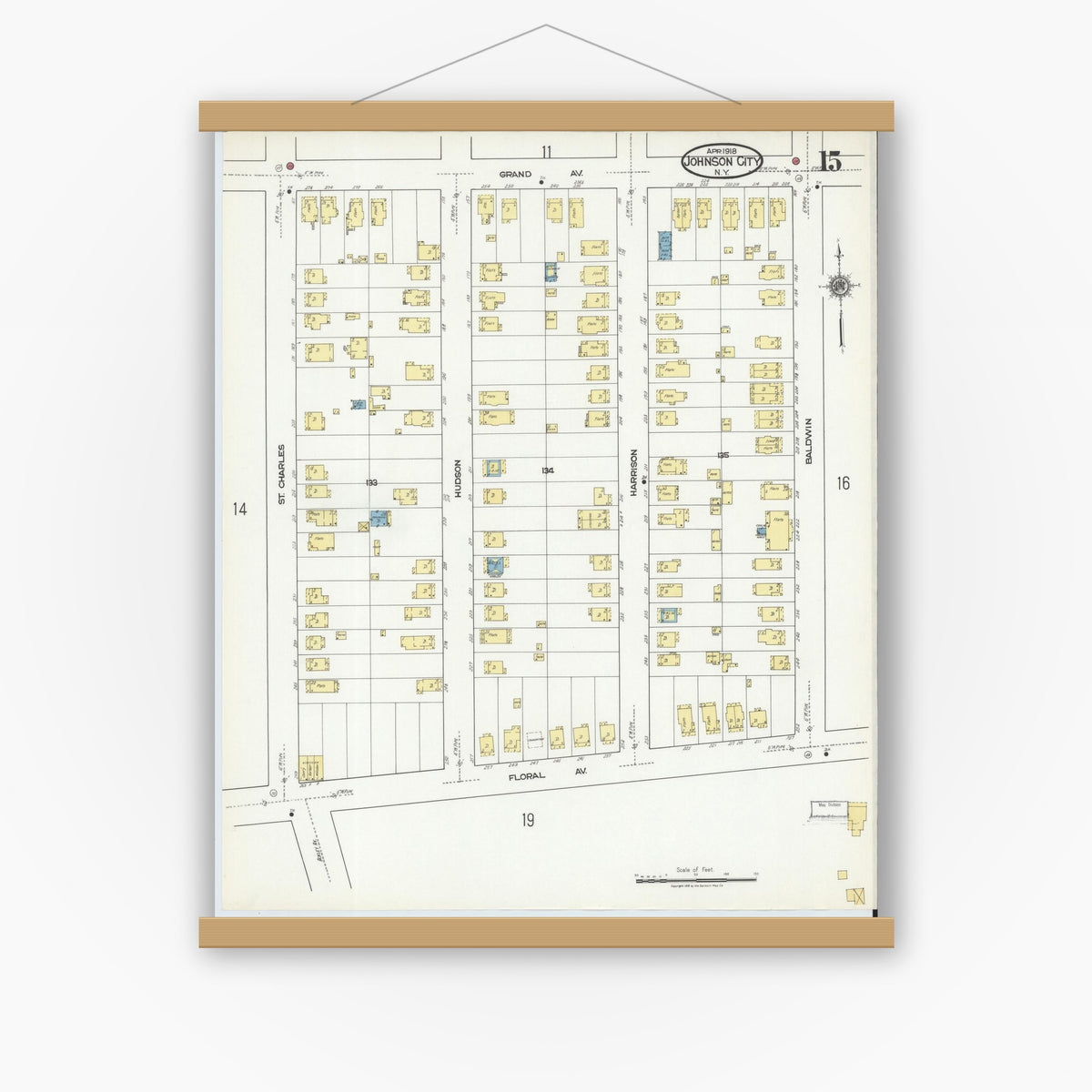 Old map wall art mockup — magnetic wood frame on white wall — Sanborn Fire Insurance Map from Johnson City, Broome County, New York (1918), Sheet #0015