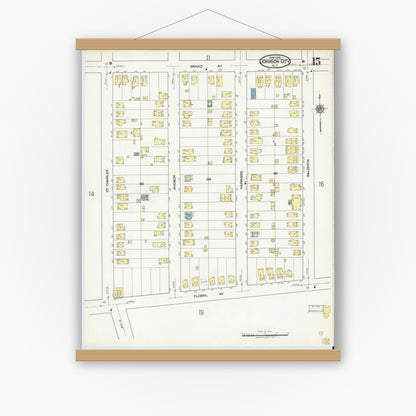 Old map wall art mockup — magnetic wood frame on white wall — Sanborn Fire Insurance Map from Johnson City, Broome County, New York (1918), Sheet #0015