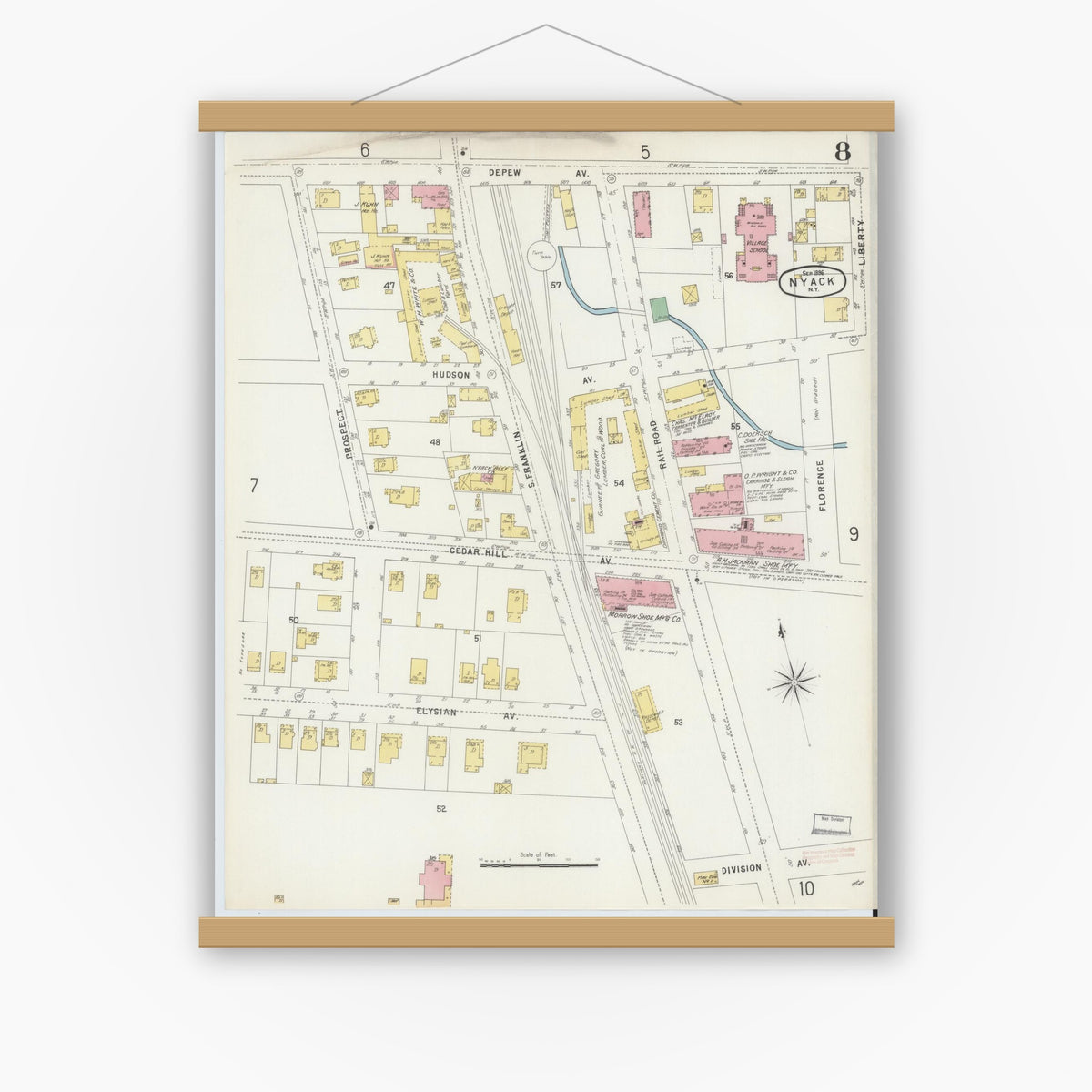 Old map wall art mockup — magnetic wood frame on white wall — Sanborn Fire Insurance Map from Nyack, Rockland County, New York (1896), Sheet #0008