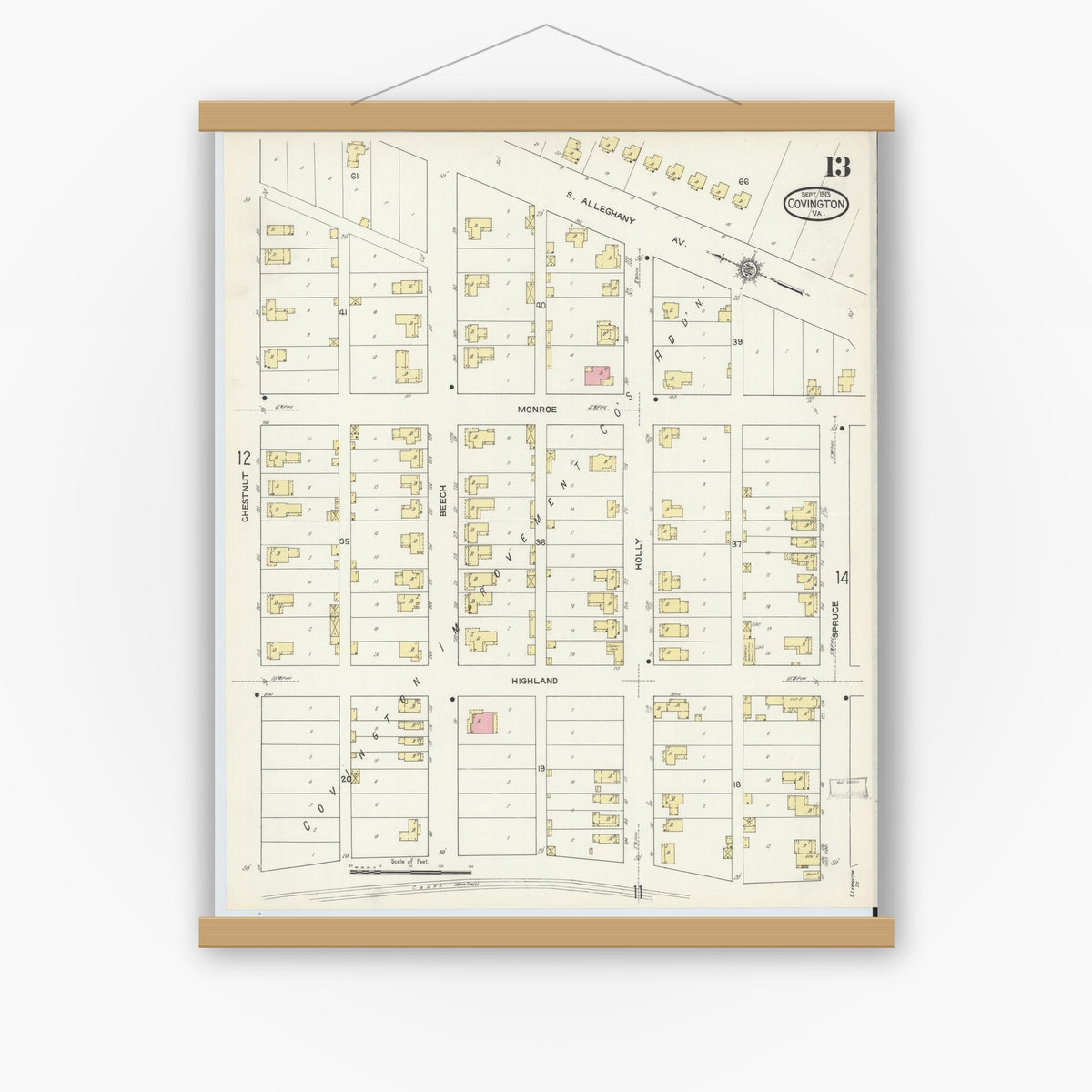 Old map wall art mockup — magnetic wood frame on white wall — Sanborn Fire Insurance Map from Covington, Independent Cities, Virginia (1913), Sheet #0013