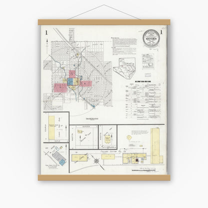 Old map wall art mockup — magnetic wood frame on white wall — Sanborn Fire Insurance Map from Snyder, Scurry County, Texas (1927) - Complete Map Set