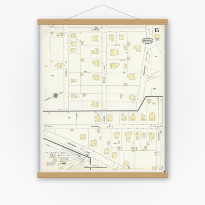 Old map wall art mockup — magnetic wood frame on white wall — Sanborn Fire Insurance Map from Monroe, Union County, North Carolina (1914), Sheet #0015
