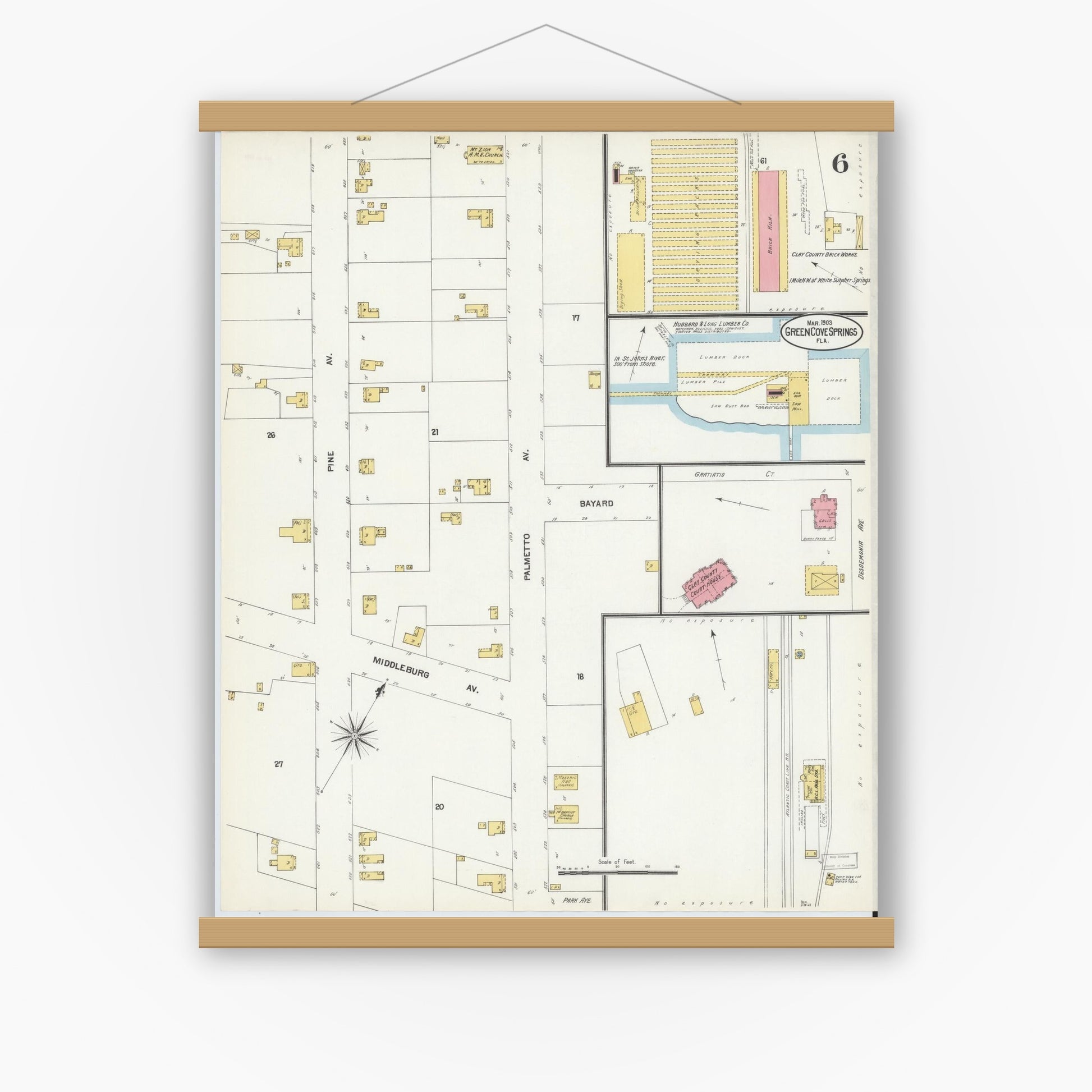 Old map wall art mockup — magnetic wood frame on white wall — Sanborn Fire Insurance Map from Green Cove Springs, Clay County, Florida (1903), Sheet #0006