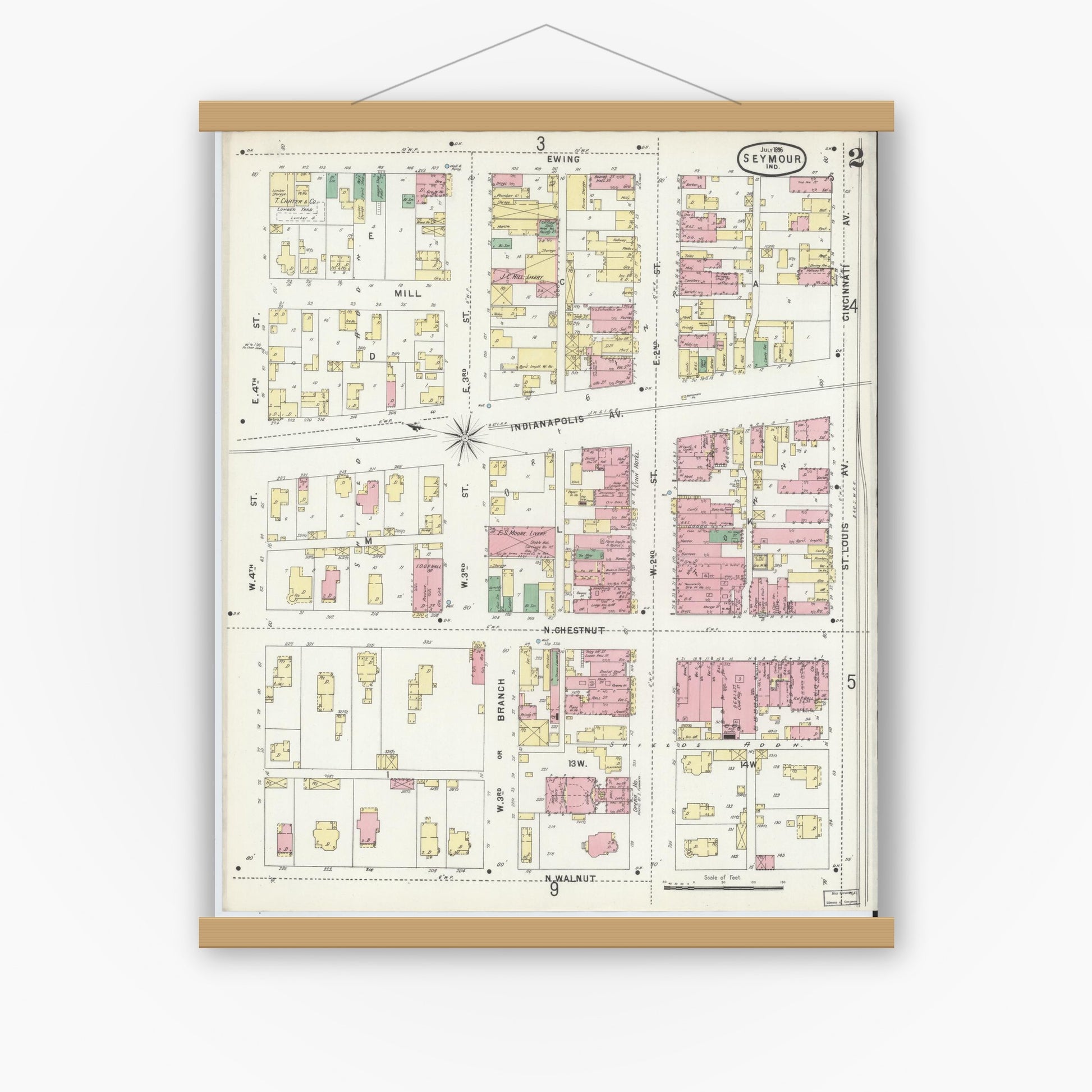 Old map wall art mockup — magnetic wood frame on white wall — Sanborn Fire Insurance Map from Seymour, Jackson County, Indiana (1896), Sheet #0002