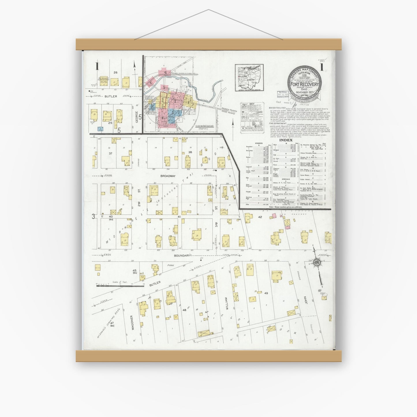 Old map wall art mockup — magnetic wood frame on white wall — Sanborn Fire Insurance Map from Fort Recovery, Mercer County, Ohio (1927) - Complete Map Set