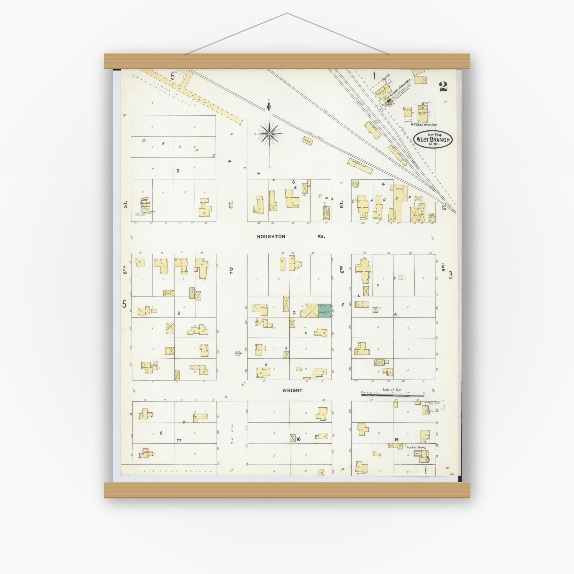 Old map wall art mockup — magnetic wood frame on white wall — Sanborn Fire Insurance Map from West Branch, Ogemaw County, Michigan (1904), Sheet #0002
