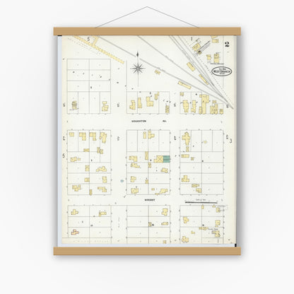 Old map wall art mockup — magnetic wood frame on white wall — Sanborn Fire Insurance Map from West Branch, Ogemaw County, Michigan (1904), Sheet #0002